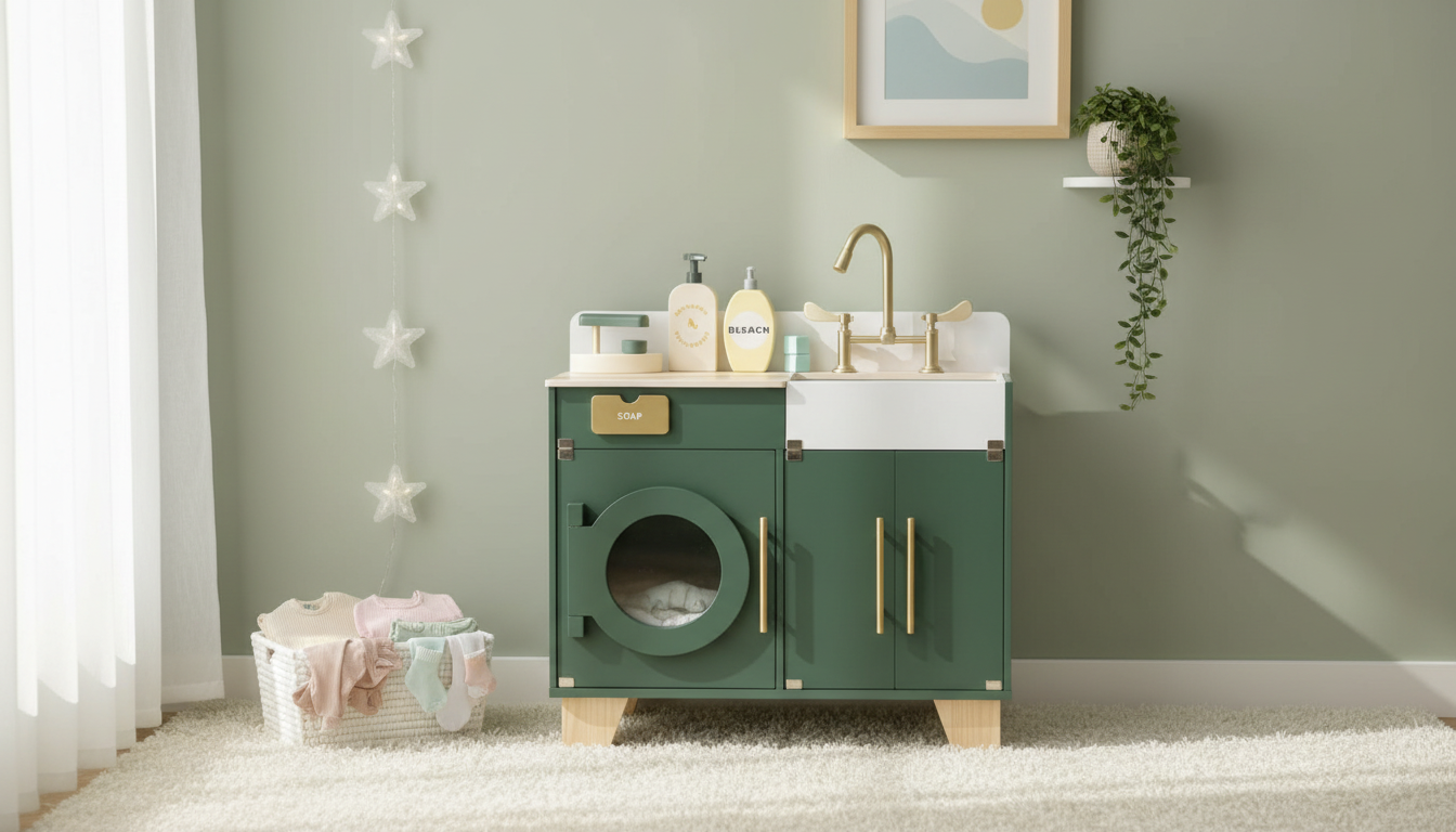 Vintage Green Wooden Washer & Dryer Playset for Kids